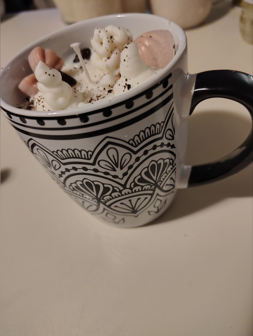 Black and White Patterned Ceramic Mug with Chocolate Latte Coffee Soy Candle - Picture 3 of 3